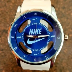 Nike Watch Hollow Analog Sports Silicone White Band Blue Face Adult Size Men's